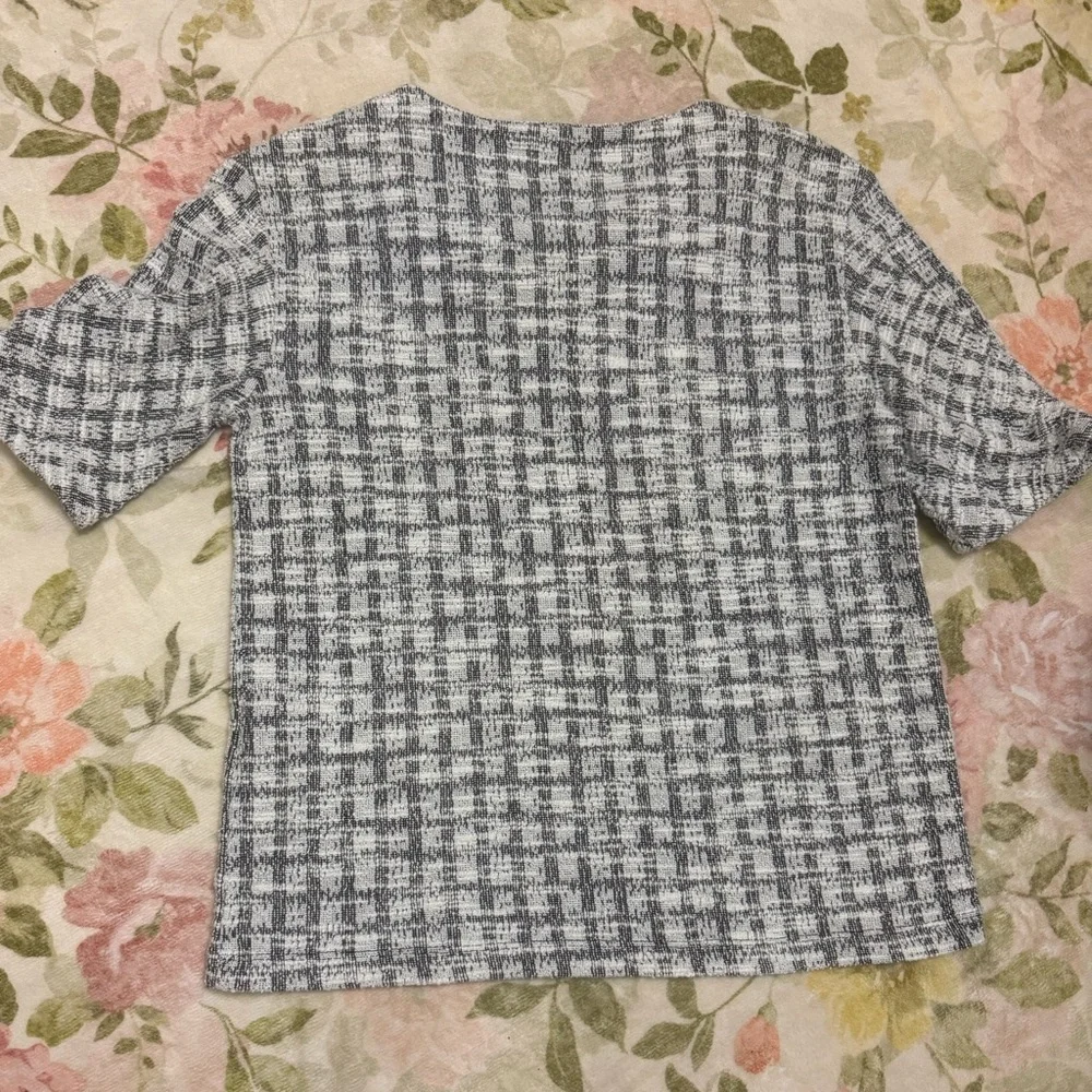 Banana Republic Plaid Textured Tweed Knit Puff Sleeve Short Sleeve Top Blouse